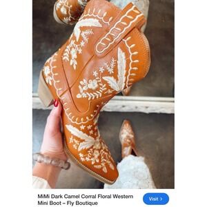 New Western‎ MiMi dark camel floral embroidered cowboy Boots women's 6